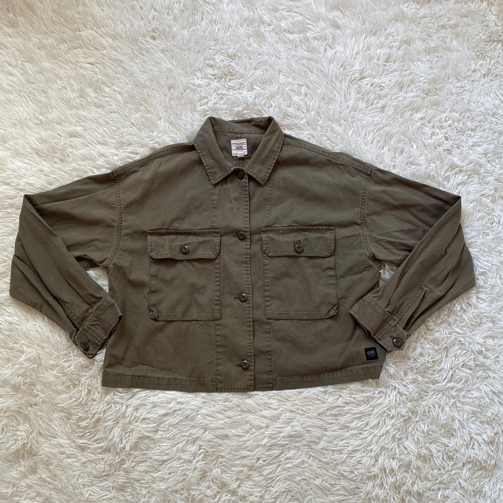 Y2K Military Vans Womens Olive Green Cropped Utility Button Up Jacket Size M